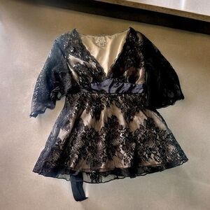 Forever Black Lace Bell Sleeve Top - Tie Back - Nude Lining - Women’s Size Small